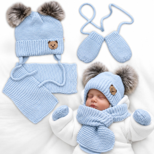 Detská sada, zimná čiapka so šálom + rukavičky 3D, Teddy Bear - sv. modrá