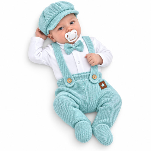 Pletená súprava Gentleman 3D, body, polodupačky s laclom, čiapočka, mätaová, 62