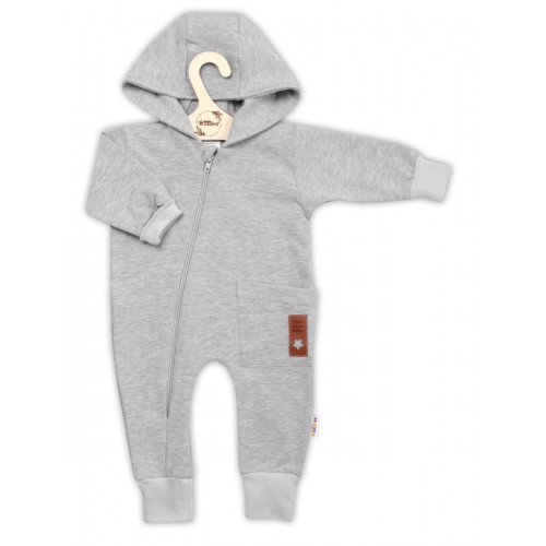 Teplákový overal s vreckom a kapucňou BOY, Baby Nellys, sivý, veľ. 86