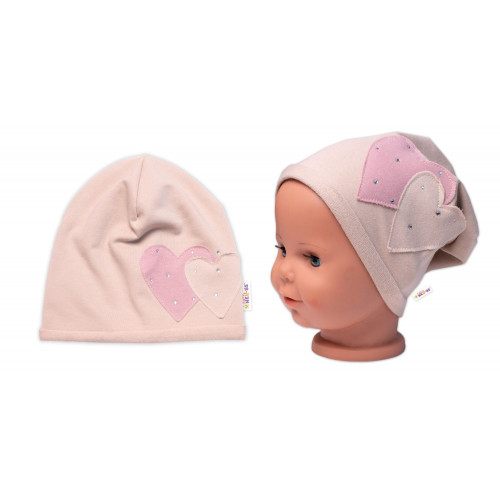 Detská čiapka bavlna, Srdiečka s kamienkami, Baby Nellys, béžová