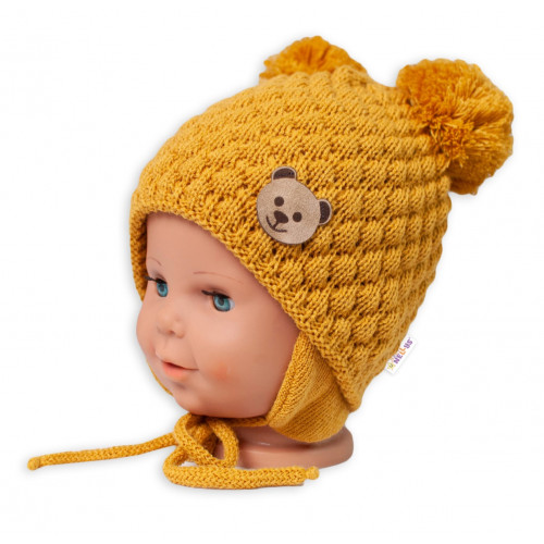 Zimná pletená čiapka Teddy Bear na zaväzovanie, horčicová