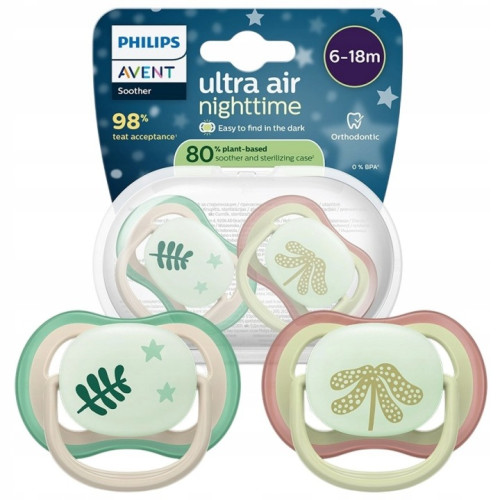 Ultra Air nočný cumlík 6–18 m, 2 ks, ortodontický silikónový cumlík, svietiaci ve tme, Nat
