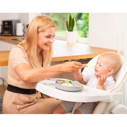 GiliGums Silikónový tanierik s prísavkou a príborom Veľryba, sivý