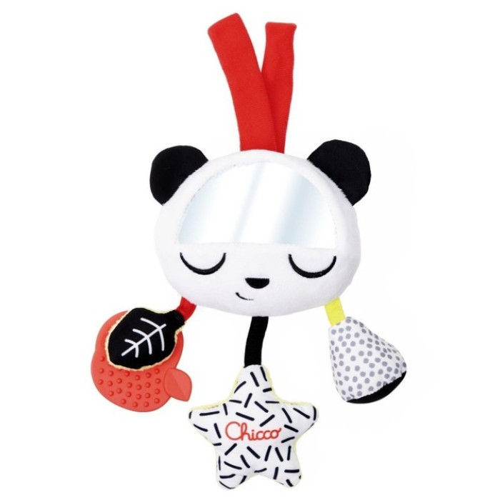 Senzorická záveska Panda do kočíka s hryzátkom a zrkadielkom, Montessori