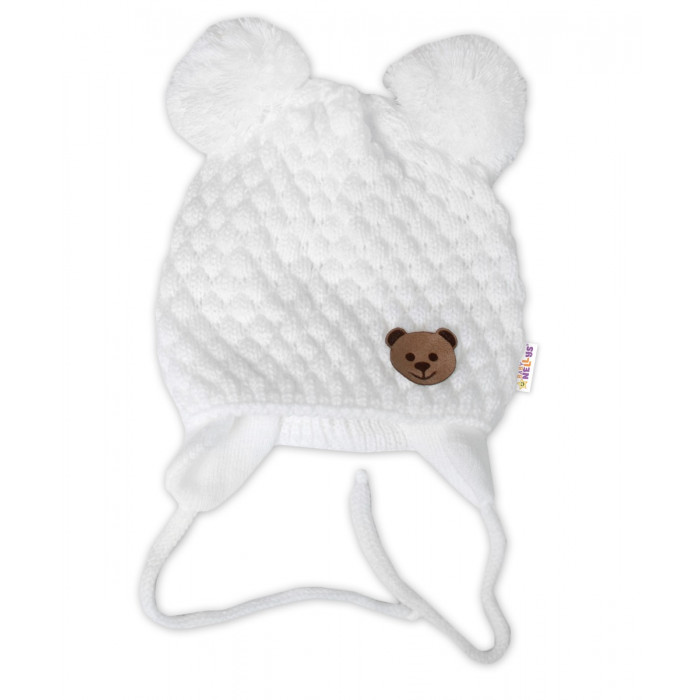 Zimná pletená čiapka Teddy Bear na zaväzovanie, biela/smotanová