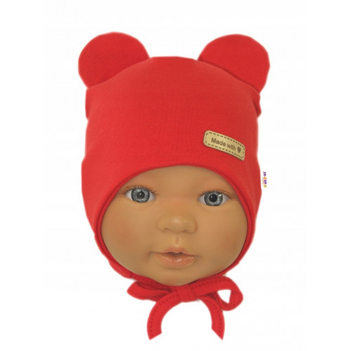 Čiapočka na zaväzovanie, bavlna, Little Teddy, Baby Nellys, červena, veľ. 74/80