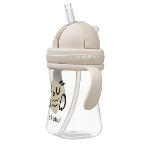 Fľaštička/hrnček s úchytmi a slamkou Sova Akuku 300 ml, béžová