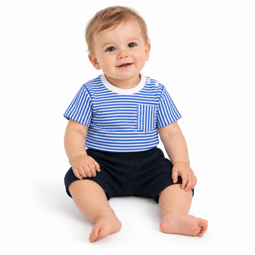 Tričko s vreckom, kr. rukáv + kraťasky, 2D, Baby Nellys, bavlna, prúžok/granát, veľ. 98