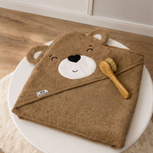 Detská osuška s kapucou 95×95 cm Teddy Bocioland – mäkká froté bavlna, 3D uši, hnedá