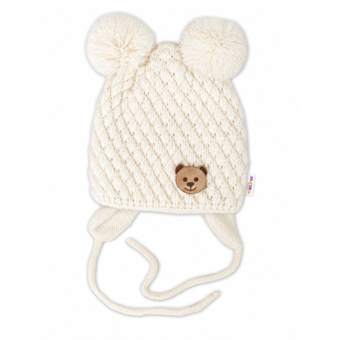 Zimná pletená čiapka Teddy Bear na zaväzovanie, ecru