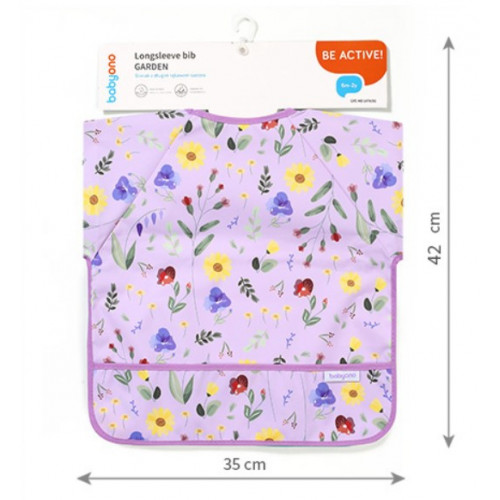 Zásterka, podbradník nepremakavý s dlhým rukávom a vreckom BabyOno - Garden, lila