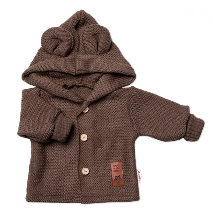 Elegantný pletený svetrík s gombíkmi a kapucňou s uškami Baby Nellys, hnedý, veľ. 62