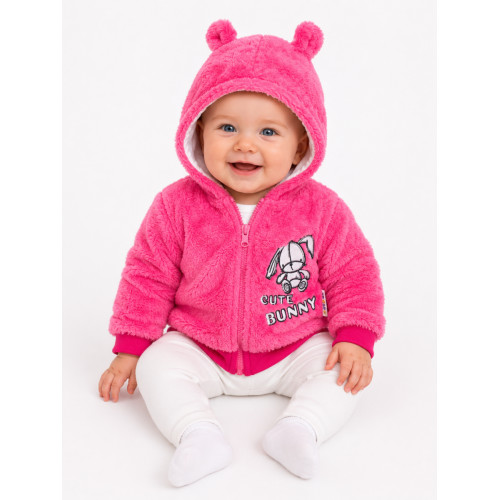 Baby Nellys Dojčenská chlupáčková bundička  s kapucňou Cute Bunny - malinová