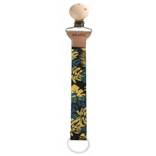 Retiazka na cumlík s klipom Akuku, Papraď, khaki, žltá