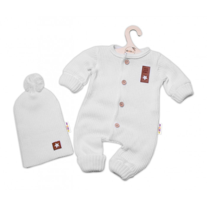Baby Nellys 2-dielna sada Pletený overálek STAR + čiapky Hand Made, biely, veľ. 80/86