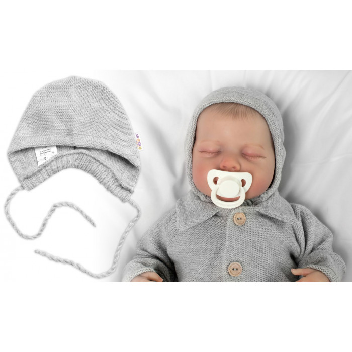 Pletená čiapočka na zaväzovanie bonetka Boy, Hand Made Baby Nellys, sivá, veľ. 68/74