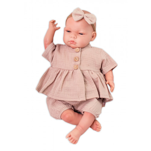 Baby Nellys 3-dielna mušelínová súpravička, tunika/blúzka, kraťasky, čelenka, béžová