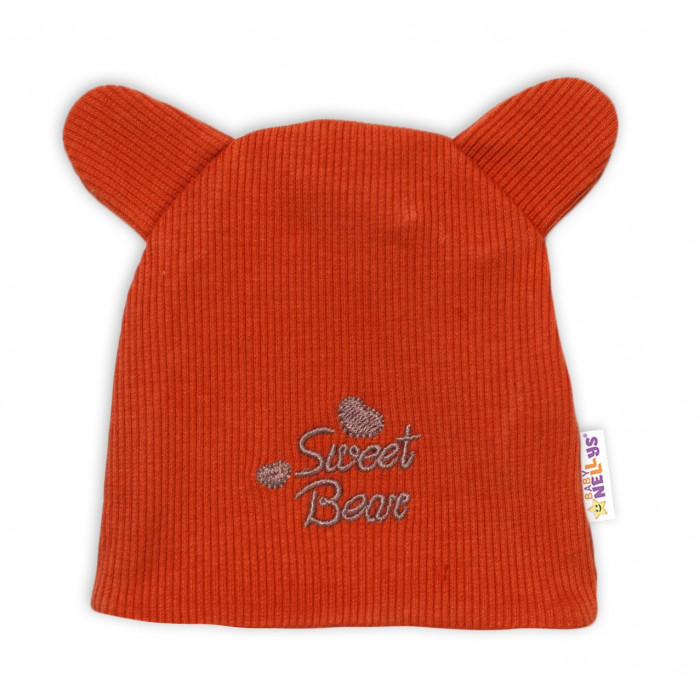 Baby Nellys Dvojvrstvová dojčenská čiapočka s uškami Teddy - tehlová, veľ. 68