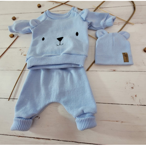 Pletená dojčenská sada 3D Medvedík, svetrík, tepláčiky + čiapočka Kazum, modrá, veľ. 68