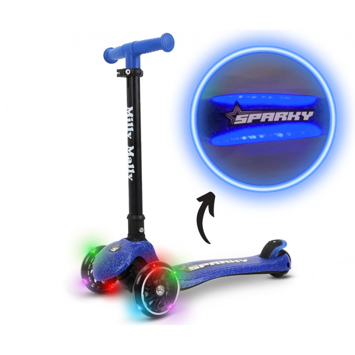 Detská kolobežka SPARKY LED trojkolová – svietiace kolieska, nastaviteľná, modrá