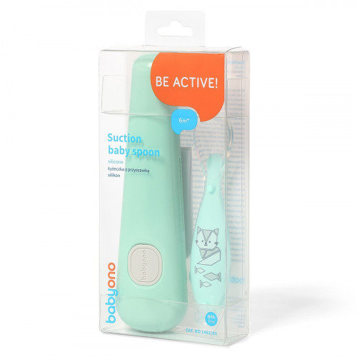 Silikónová lyžička široká s prísavkou v puzdre - mätová