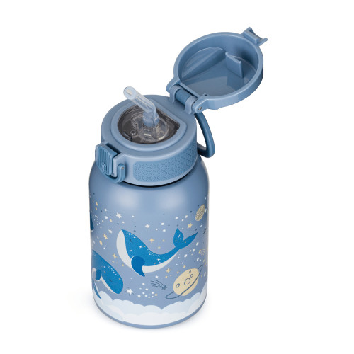 Detská termofľaša so slamkou 350 ml – nerezová termo fľaša pre deti, 12m+, modrá veleryba