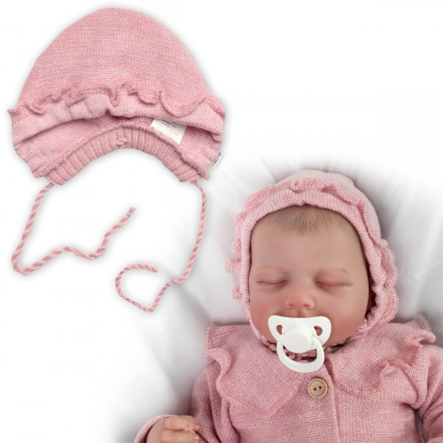 Pletená čiapočka na zaväzovanie bonetka Girl, Hand Made Baby Nellys, púdrová, veľ. 68/74