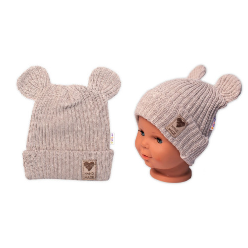 Pletená bavlněná čiapka s uškami, dvojvrstvová, Hand Made Baby Nellys, béžová, veľ. 68/74