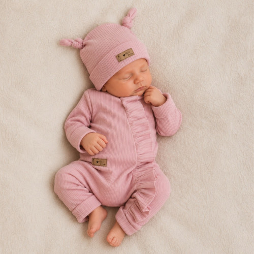 Detská súprava Nature Girl – rebrovaný overal s čiapočkou, 2D, bavlna, baby pink, 68