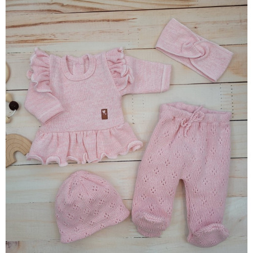 Pletená ažurková sada 4D, tunika, polodupačky, čiapočka + čelenka Kazum, ružová