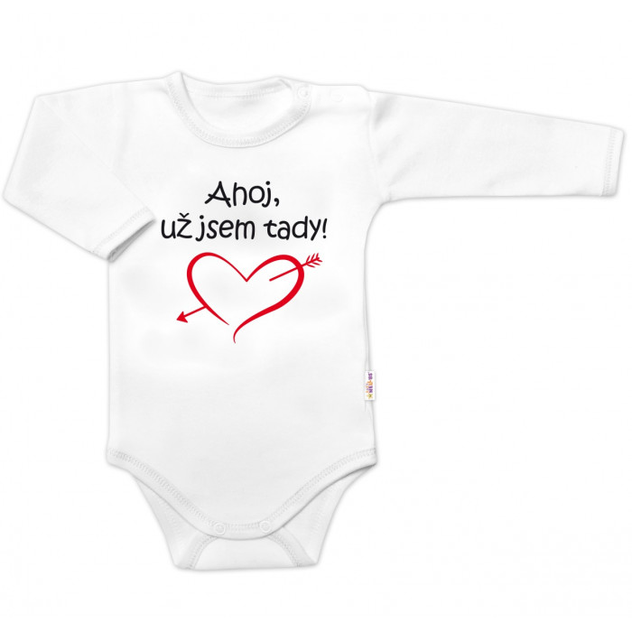 Body dlhý rukáv s vtipným textom Baby Nellys, Ahoj už jsem tady! - biele, veľ. 74