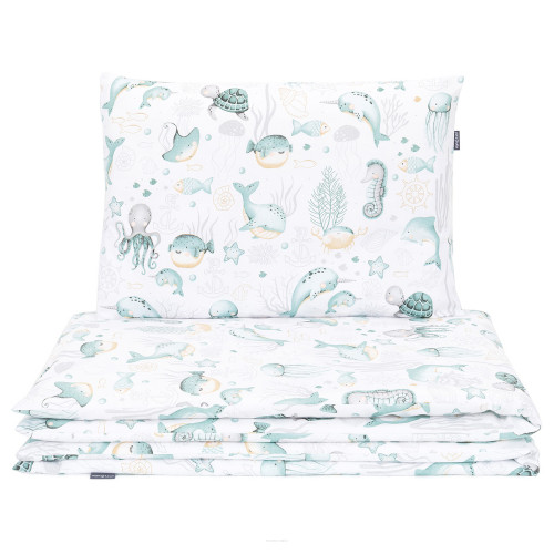 Mantinel s obliečkami do postieľky, 3D sada Minky, Oceán, zelená/piesková/biela