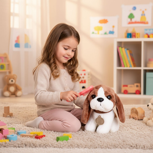 Plyšový psík Beagle v kabelke pre deti REO + kefka na česanie srsti