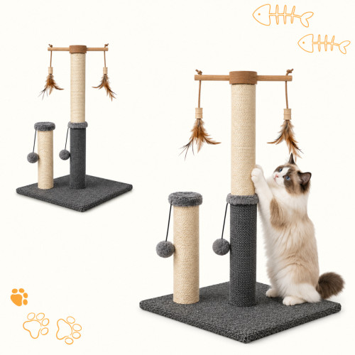 Škrabadlo pre mačky Cat Tree 64 cm s úkryt – MDF, sisal, plyš, svetlosivá
