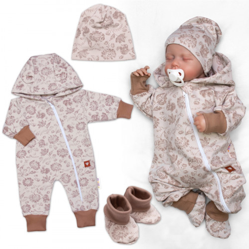 Rastúci bavlnený overálok, čiapočka a topánočky, 3D, Garden - béžová/hnedá, veľ. 62/68