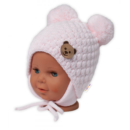 Zimná pletená čiapka Teddy Bear na zaväzovanie, ružová