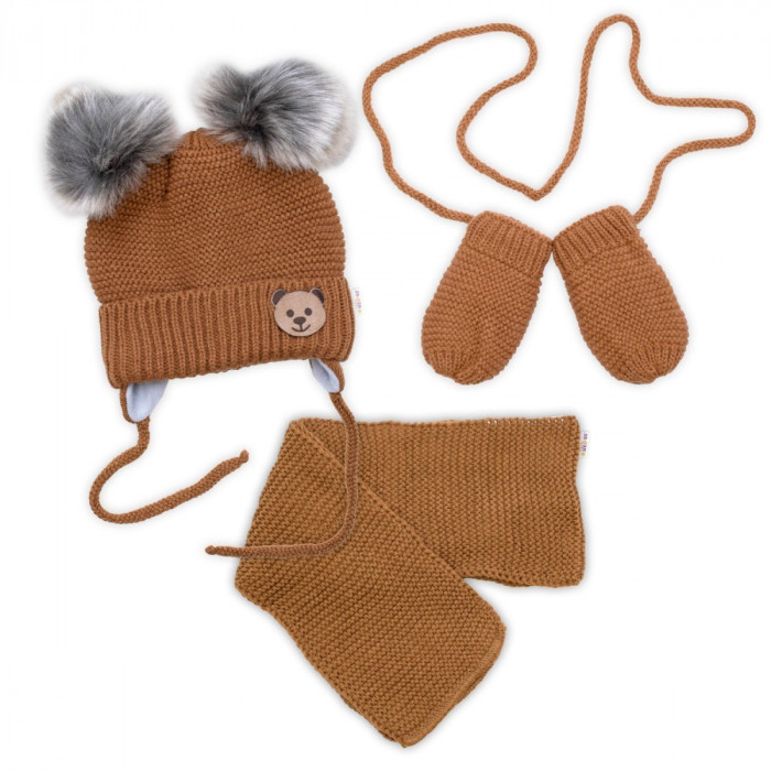 Detská sada, zimná čiapka so šálom + rukavičky 3D, Teddy Bear - hnedá