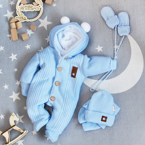 Baby Nellys Pletená kombinéza/overal LUX STAR s kožúškom, dvojvrstvová, sv. modrá