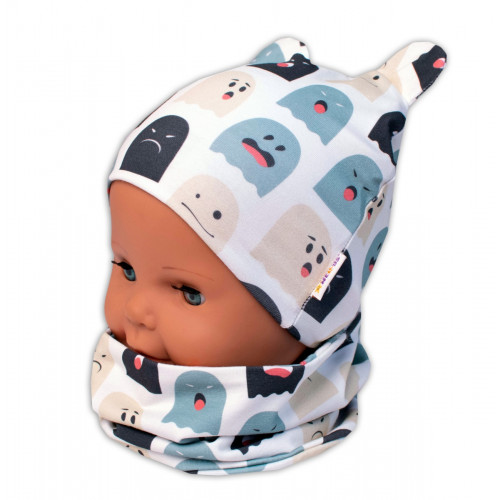 Baby Nellys Dvojvrstvová čiapka s uškami + komínček Príšerky, biela/mátová, veľ. 80/92