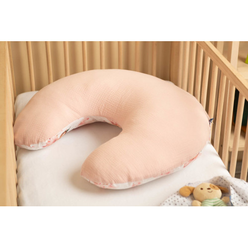 Dojčiaci vankúš, podkova, mušelín, bavlna - Víla Ema, ružová, biela