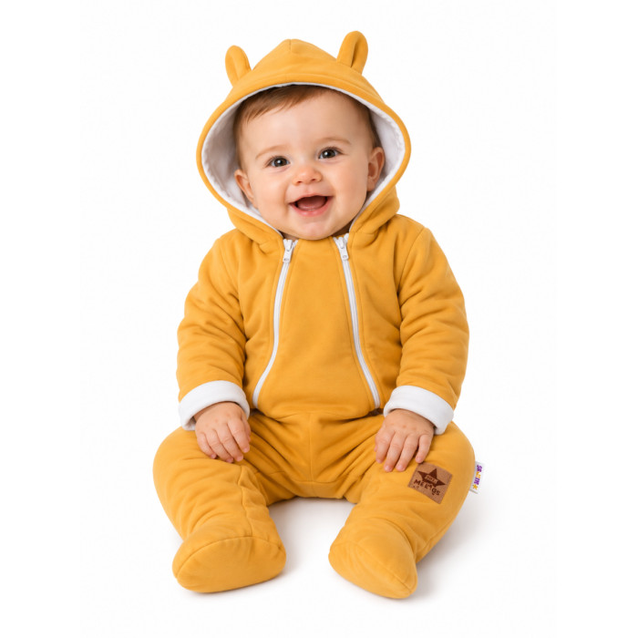 Baby Nellys ® Kombinézka s dvojitým zapínaním, s kapucňou a uškami - horčicová, veľ. 62