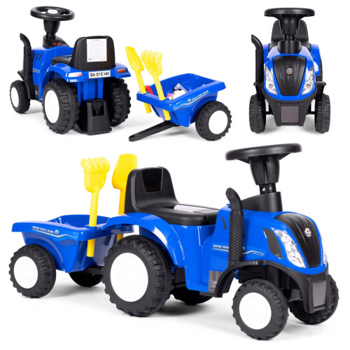 Detské odrážadlo traktor s prívesom, interaktívny volant a zvuky, modrý