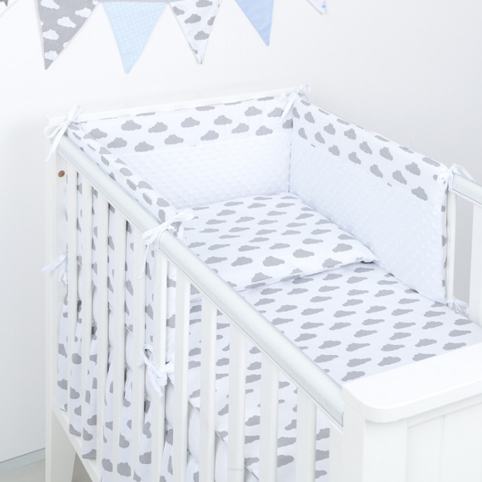 Mantinel s obliečkami do postieľky, 3D sada - Obláčiky, 135x100 cm, biela