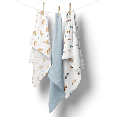 Mušelínové plienky pre bábätko 3 ks 70 × 70 cm z jemnej bavlny - modré, Auta a dinosauri