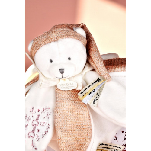 Doudou Darčeková sada Plyšový muchláčik medvedík s čiapočkou 25 cm ružový