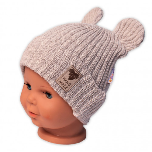 Pletená bavlněná čiapka s uškami, dvojvrstvová, Hand Made Baby Nellys, béžová
