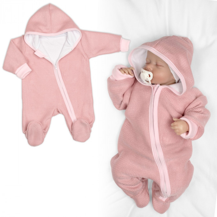 Pletený overal s kapucňou, CUTE - púdrovo růžová, veľ. 62