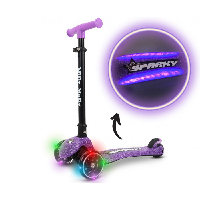 Detská kolobežka SPARKY LED trojkolová – svietiace kolieska, nastaviteľná, fialová