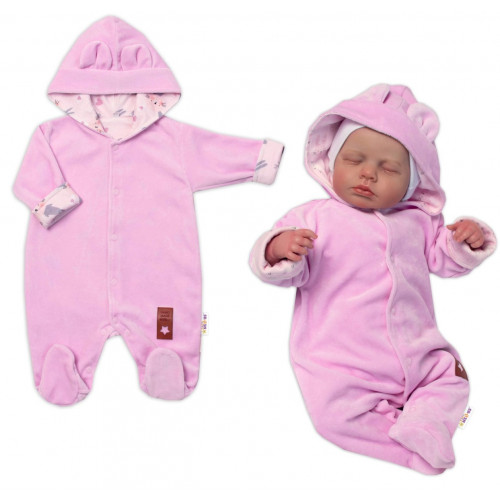 Baby Nellys Dvojvrstvový velúrový overal s kapucňou Bunny, ružový, veľ. 80