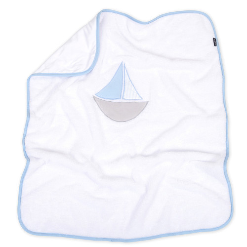 Obojstranná chlpáčková dečka s vyšívkou 75 x 90 cm, Lodička, biela/modrá